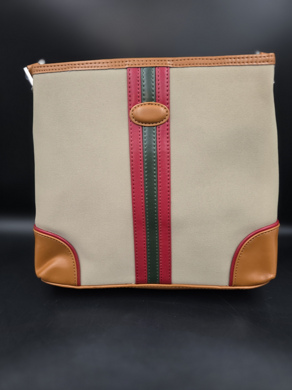 Beige Canvas Crossbody Bag with Tan Trim and Red-Green Stripe
